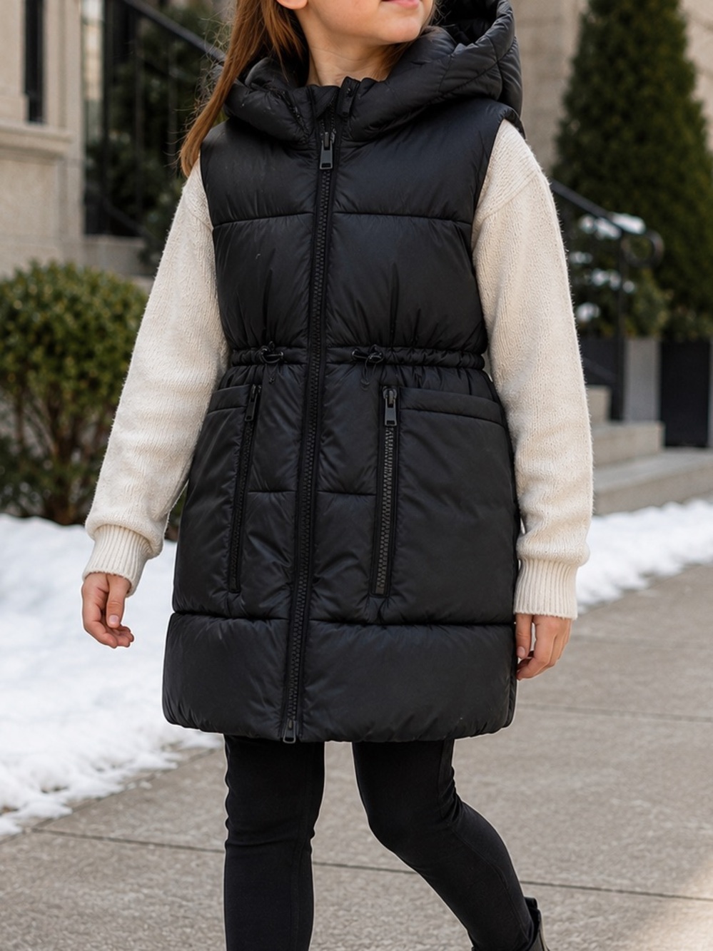 Zara Girls Black Longline Hooded Puffer Vest Size 8-9 130